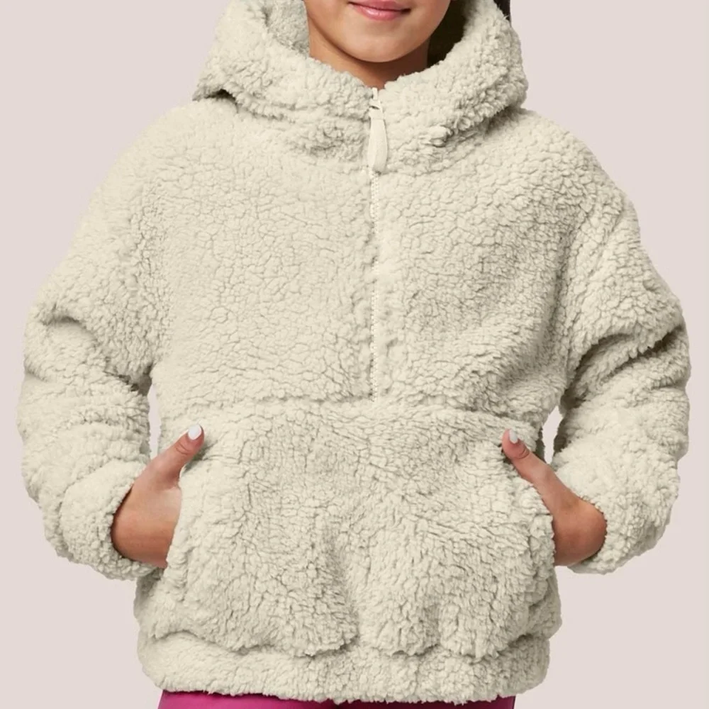 Mondetta Girls' Long Sleeve Sherpa Half-Zip Hooded Pullover, Beige
